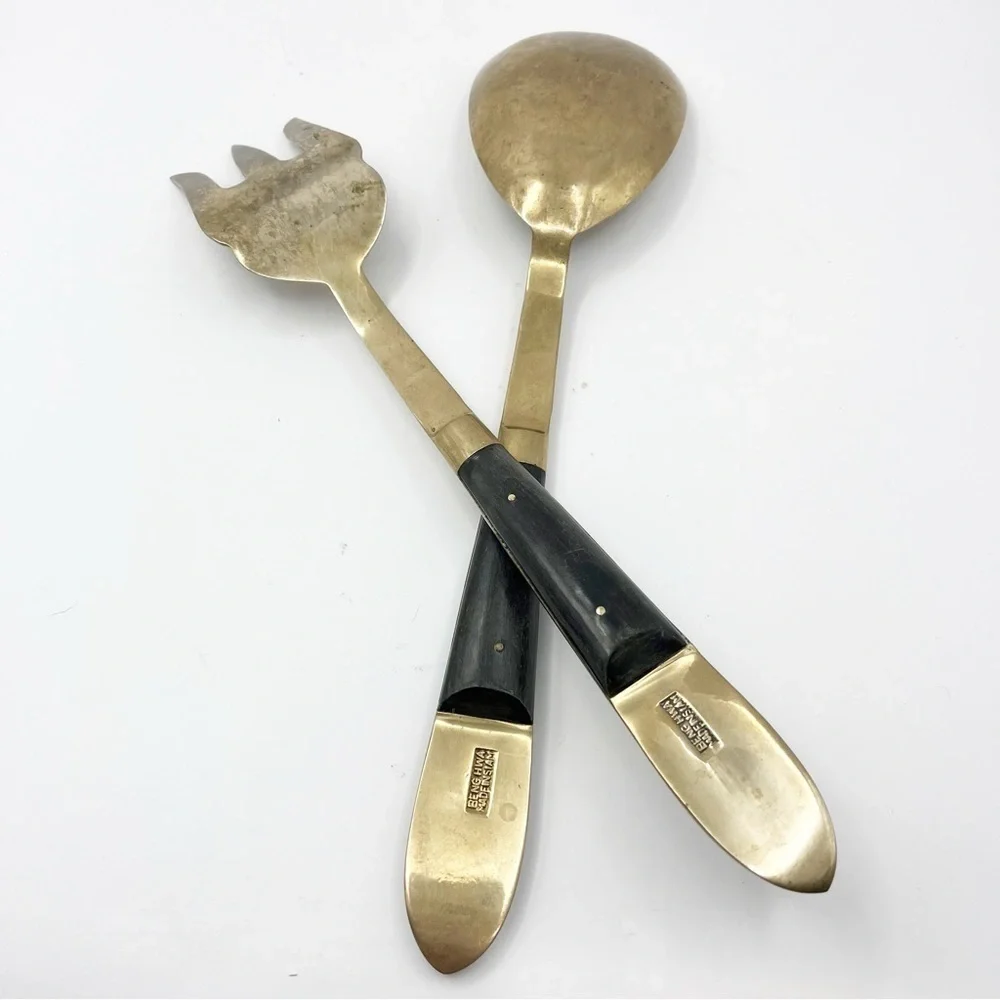 Brass Bronze Wood Handle Salad Serving Spoon & Fork Flatware Thailand Siam